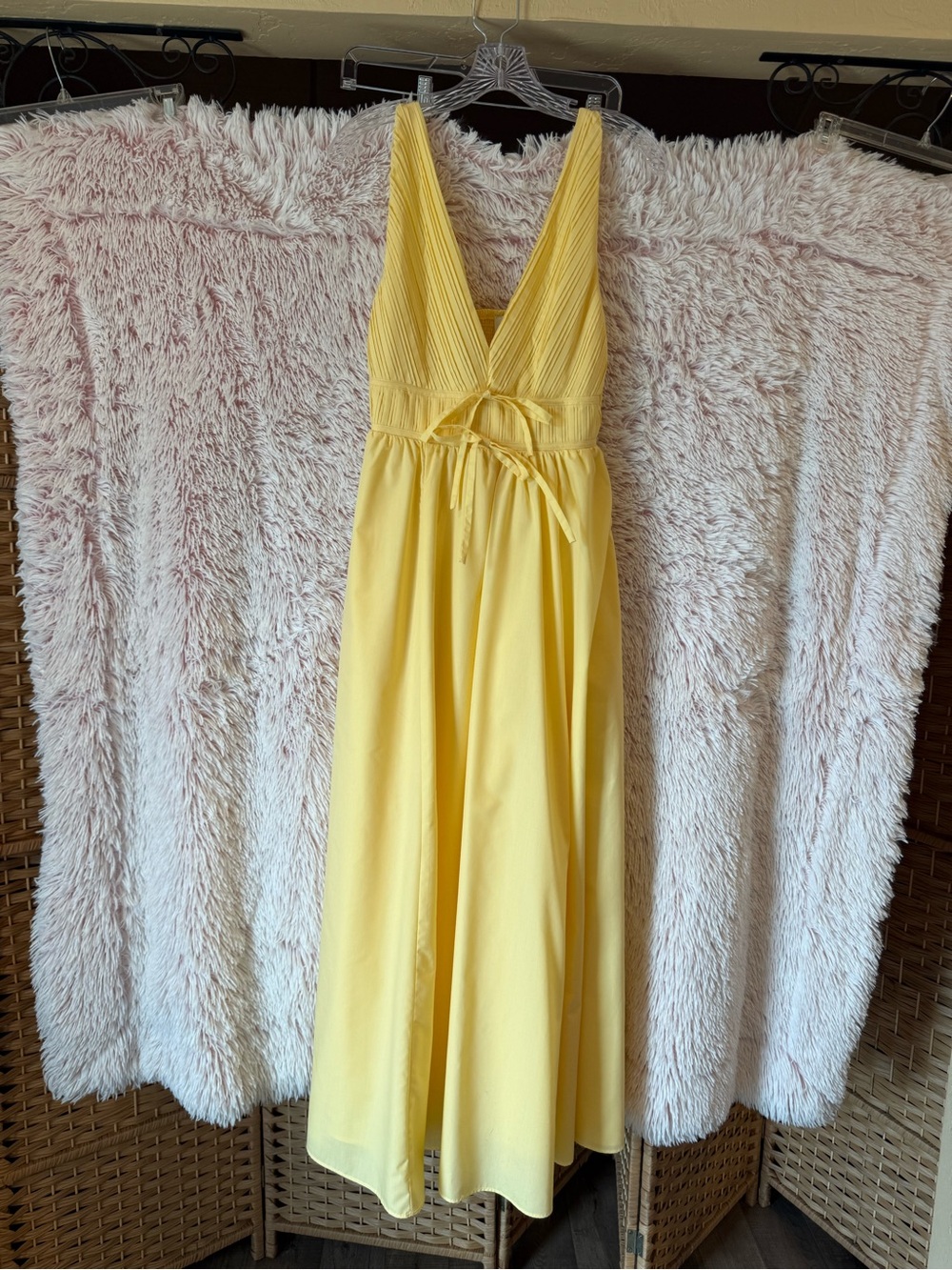 Joie Yellow Pleated V-Neck Tie-Waist Maxi Dress